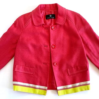 Vintage Rena Lange silk cropped jacket, women's size 8, bright red coral with contrast trim, available at Capra & Quail.