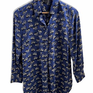 Vintage J.Crew silk blouse with a black and white zebra print on a blue background, size 6, from Capra & Quail.
