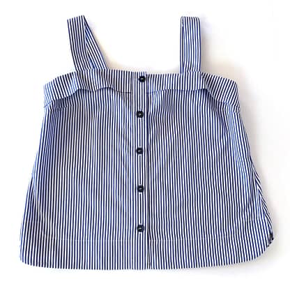 Pre-loved Banana Republic striped bow shoulder poplin top, women's size small, featuring blue and white stripes and bow details on the shoulders, available at Capra & Quail.