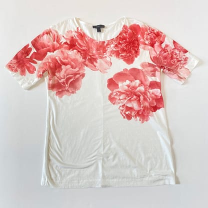 Pre-loved J.Crew white tee with pink and peach peony floral print, women's size small, available at Capra & Quail.