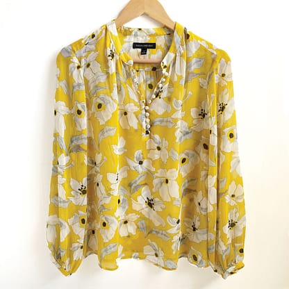 Pre-owned Banana Republic floral blouse, yellow with black and white floral print, petite small, available at Capra & Quail.