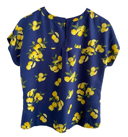 Pre-owned Banana Republic lemon print blouse, petite small, navy blue with yellow lemons, available at Capra & Quail.