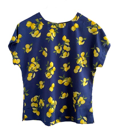 Pre-owned Banana Republic lemon print blouse, petite small, navy blue with yellow lemons, available at Capra & Quail.