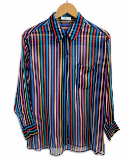 Vintage Equipment Femme multicolored striped silk blouse, size S, from Capra & Quail.