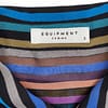close-up view of the neckline and product tag of an Equipment striped silk blouse