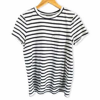 front view of Banana Republic black and cream stripe pocket tee shown on a hangar