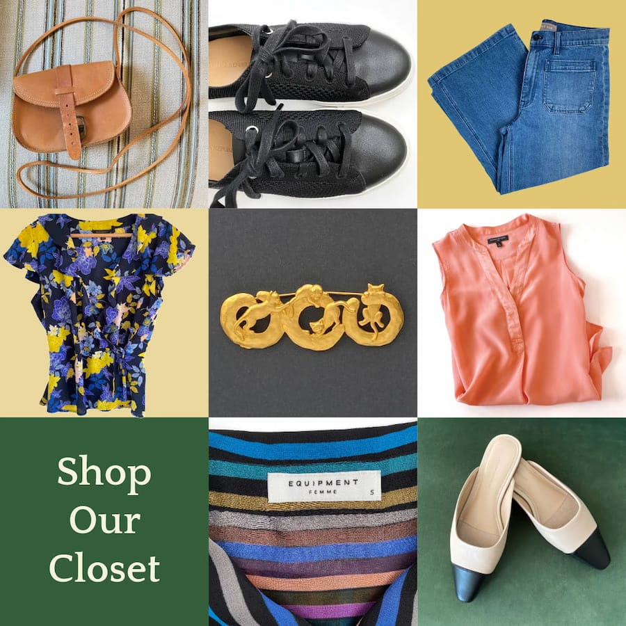 Mood board featuring a leather purse, J.Crew denim crops, and Banana Republic ballet slippers from Capra & Quail’s handpicked collection, with ‘Shop Our Closet’ text.