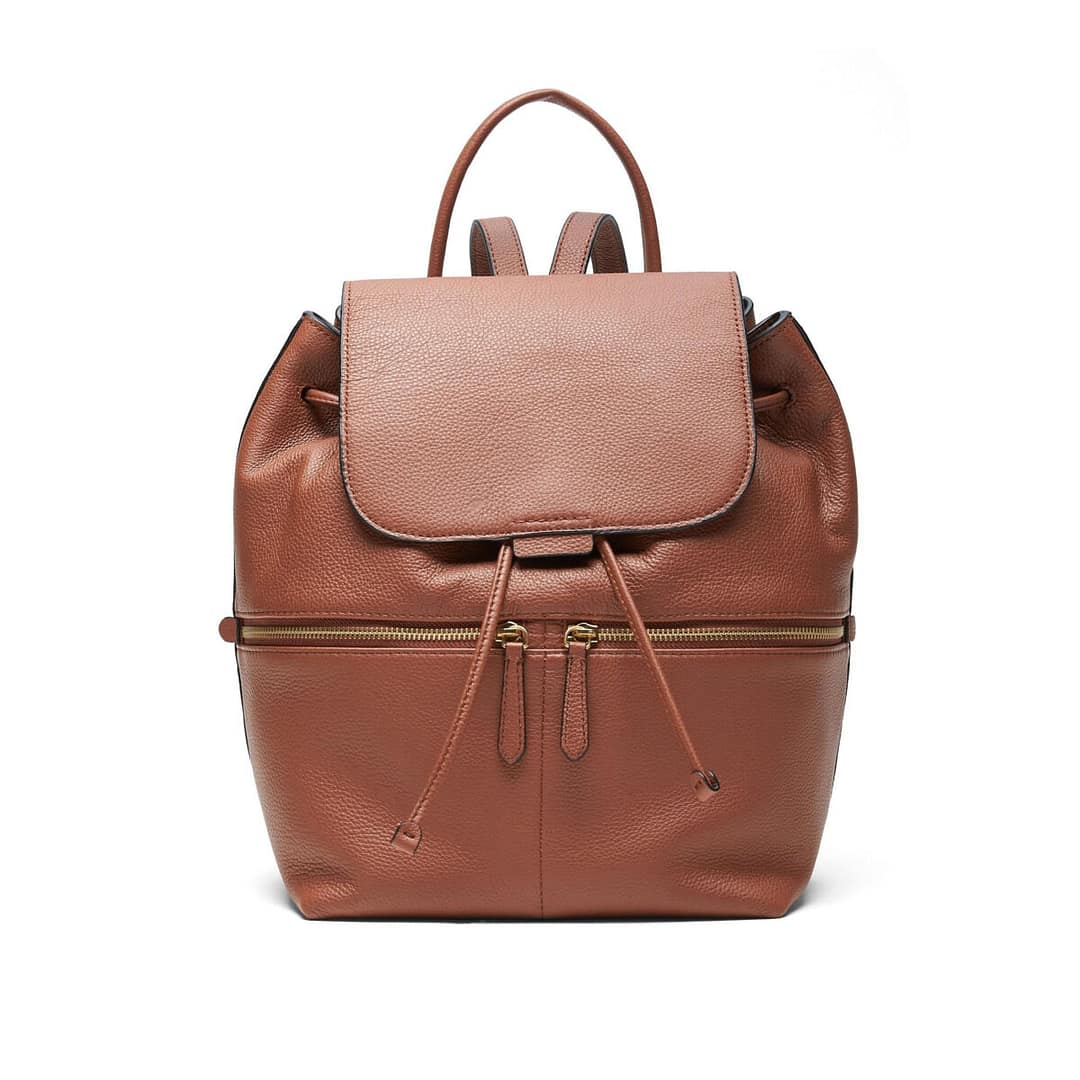 Pre-owned, like-new Banana Republic leather backpack in whiskey brown with pebbled finish, available at Capra & Quail.