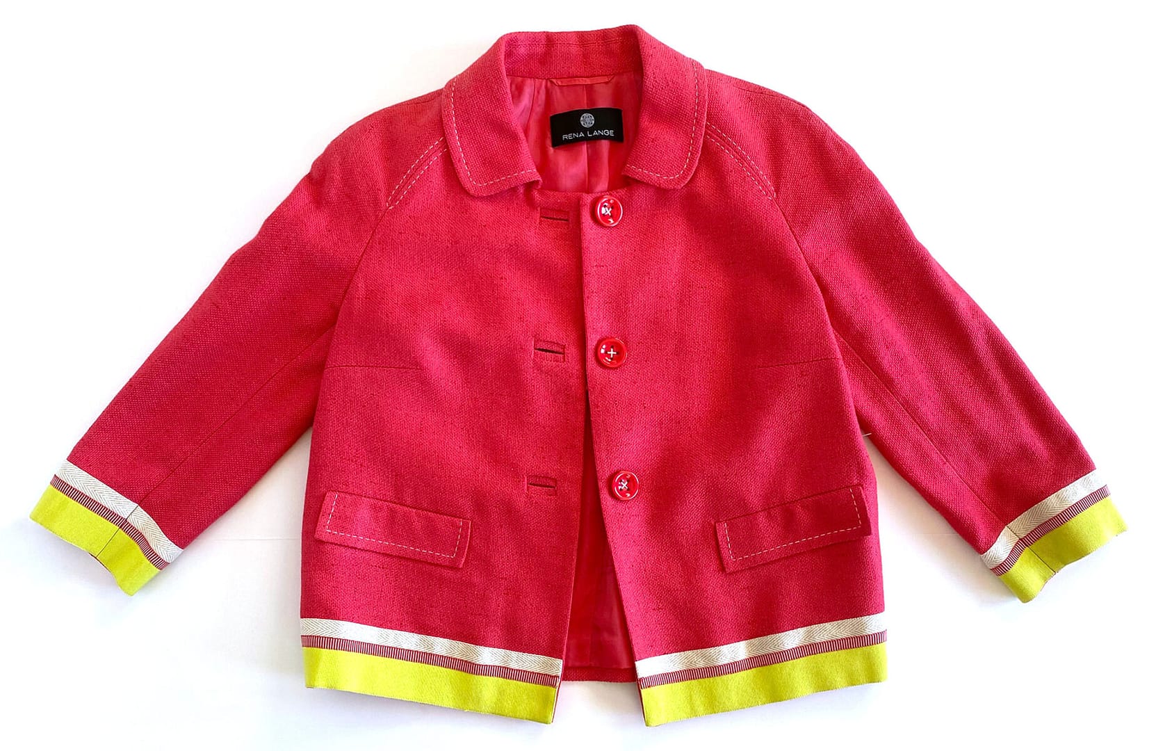 Vintage Rena Lange silk cropped jacket, women's size 8, bright red coral with contrast trim, available at Capra & Quail.