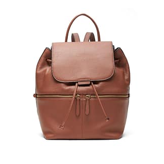Pre-owned, like-new Banana Republic leather backpack in whiskey brown with pebbled finish, available at Capra & Quail.