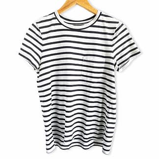 front view of Banana Republic black and cream stripe pocket tee shown on a hangar