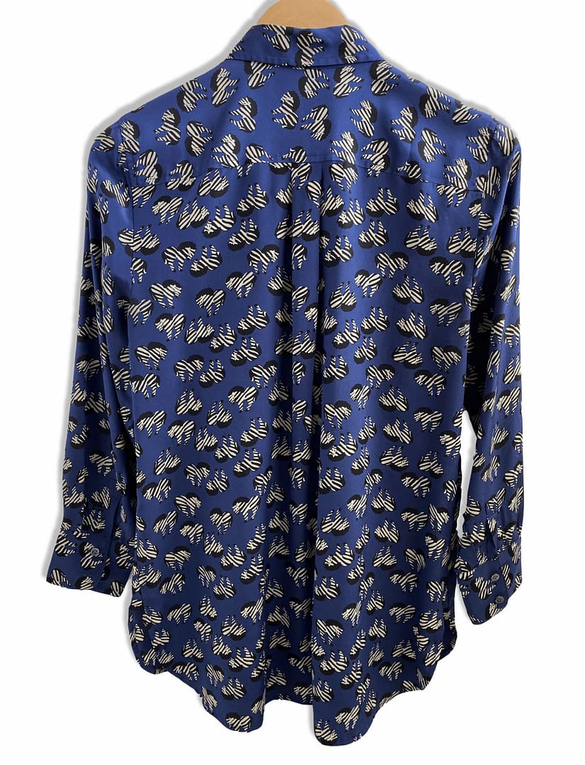 rear view of a J.Crew silk blouse in a zebra print