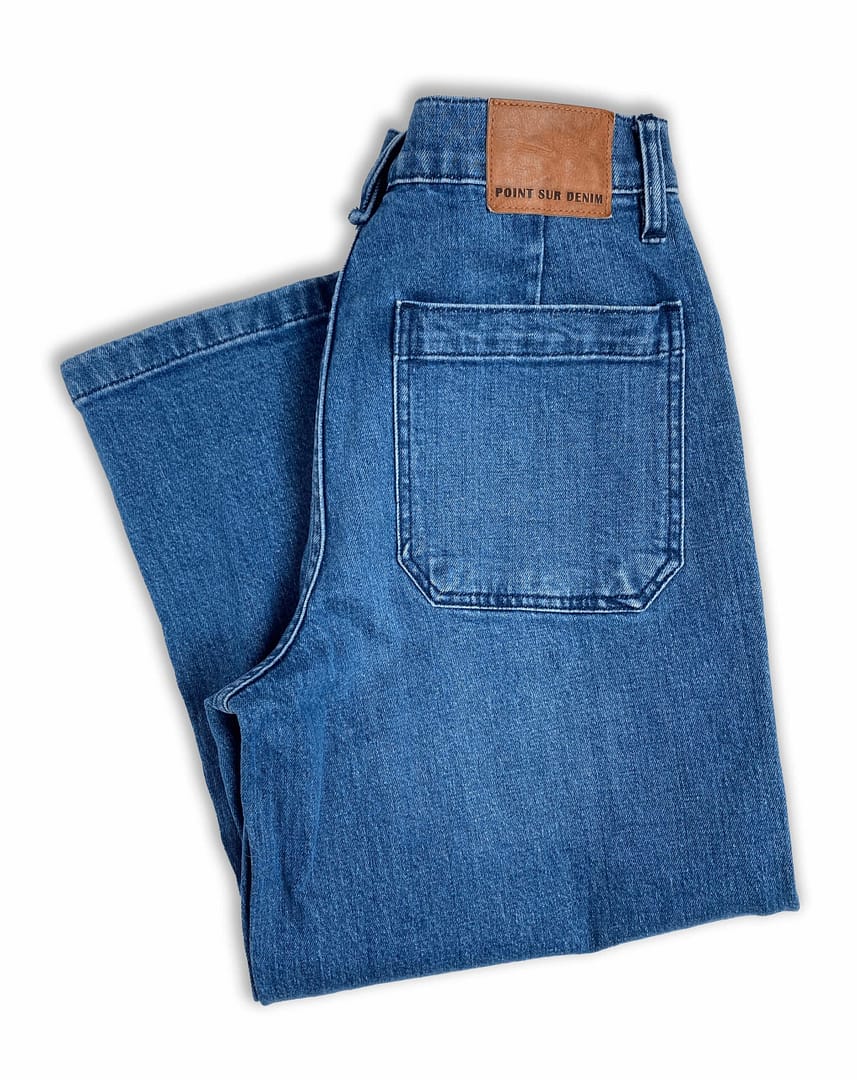 view of pre-loved vintage J.Crew Point Sur wide-leg crops folded to show the back pocket and leather tag